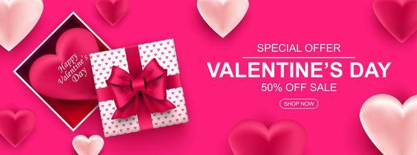 Valentines day sale web banner. Realistic gift box with bow and heart. Banner for holiday poster, greeting cards, header, landing page, website, online shop, commerce, marketing. Vector illustration. - Vector, Image