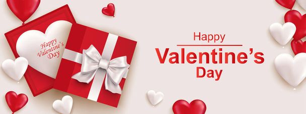 Happy Valentines day horizontal web banner. Realistic gift box with bow, red and white heart. Beautiful banner for holiday poster, greeting cards, header, landing page, website. Vector illustration. - Vector, Image