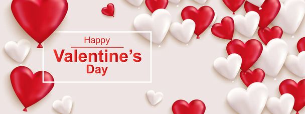 Happy Valentines day horizontal web banner. Realistic red and white heart. Beautiful celebration banner for holiday poster, greeting cards, header, landing page, website. Vector illustration. - Wektor, obraz