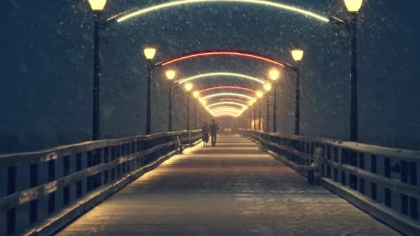 Paar wandelingen 's nachts op houten pier' s nachts tijdens sneeuwstorm - Video
