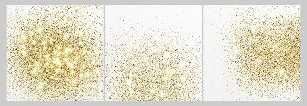 Set of three gold glitter confetti backdrops isolated on white transparent backgrounds. Celebratory texture with shining light effect. Vector illustration. - Vector, Image