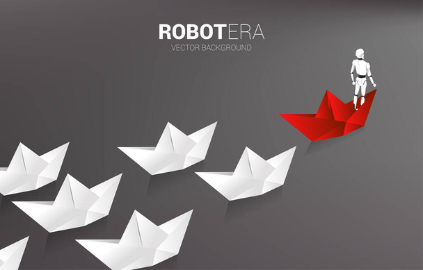 Robot on red origami paper ship leading the white. concept of artificial intelligence and machine learning worker technology. - Vector, Image
