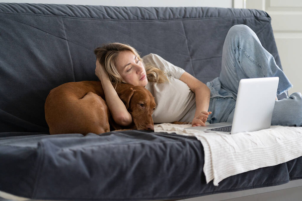 Woman resting lying on couch working on laptop with lovely Vizsla dog at home top view. Lazy pastime - Фото, изображение