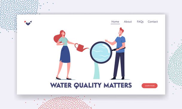 Groundwater or Artesian Water Testing Landing Page Template. Female Character Pouring Pure Water from Watering Can - Vector, Image