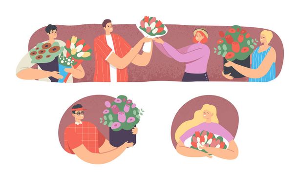 Jonge mannelijke karakters geven bloemen aan vrouwen. Aangename verrassing, felicitatie met feestdagen of romantische datum - Vector, afbeelding