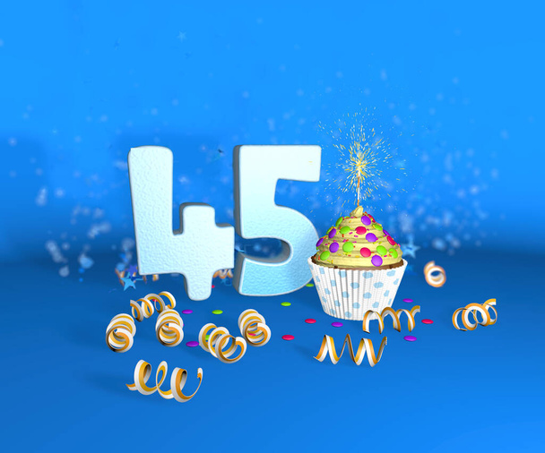 Cupcake con candela scintillante per compleanno o anniversario 45 con il grande numero in bianco con stelle filanti gialle sullo sfondo blu. Illustrazione 3d - Foto, immagini