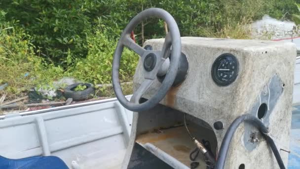 scene of the abandoned boat with steering desk - Footage, Video