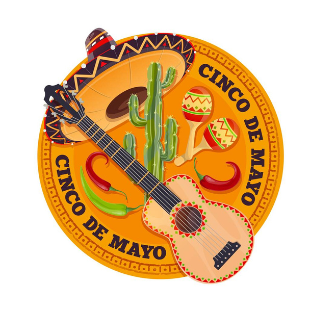 Cinco de Mayo fiesta wakacje, Wesołych majowych uroczystości w Meksyku, wektor. Cinco de Mayo Meksykańskie wakacje fiesta sombrero kapelusz i marakasy, gitara, papryka chili i kaktusy, tradycyjne święto - Wektor, obraz