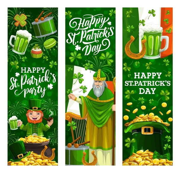 Dzień Świętego Patryka, irlandzkie święto celtyckie. Vector St Patrick człowiek, leprechaun z kuflem zielonego piwa i złote monety w garnku kotła, fajerwerki i koniczyna szczęście shamrock, bęben i harfa - Wektor, obraz
