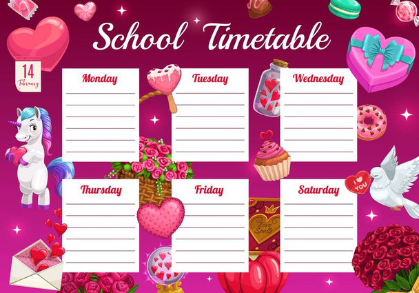 Saint Valentine day children school timetable with unicorn and holiday gifts. Kids lessons schedule, education week planer template. Flowers bouquets, sweets and love magic attributes cartoon vector - Vector, Image