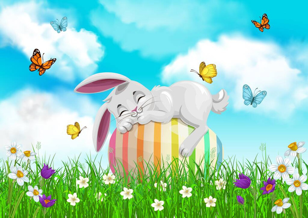 Húsvéti nyuszi tojáson alszik, vektortojás vadászat, vallási ünnep. Fehér nyúl karakter pihenő zöld fű tavaszi mező virágok, fű pengék és repülő pillangók, nárciszok, crocus - Vektor, kép