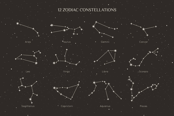 Un conjunto de constelaciones del zodíaco en un estilo lineal minimalista de moda. Colección vectorial de símbolos de horóscopo - Vector, imagen