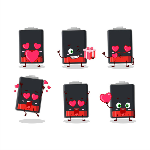 Low battery cartoon character with love cute emoticon. Vector illustration - Vektör, Görsel