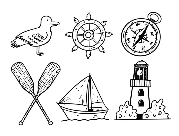 Set di oggetti marini doodle in stile grafico. Illustrazione vettoriale inchiostro nero. - Vettoriali, immagini
