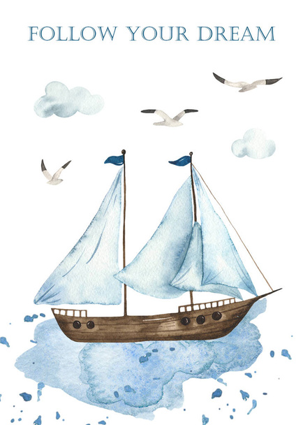 Watercolor card with ship follow the dream - Foto, afbeelding