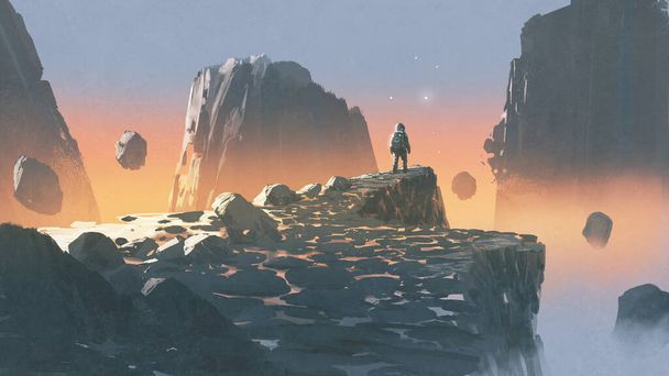 astronauta de pie en un acantilado en una tierra rocosa, estilo de arte digital, pintura de ilustración - Foto, Imagen