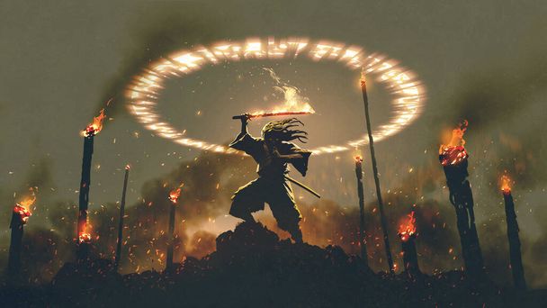 cena de samurai com espada de fogo em pé sobre a rocha, estilo de arte digital, pintura ilustração - Foto, Imagem