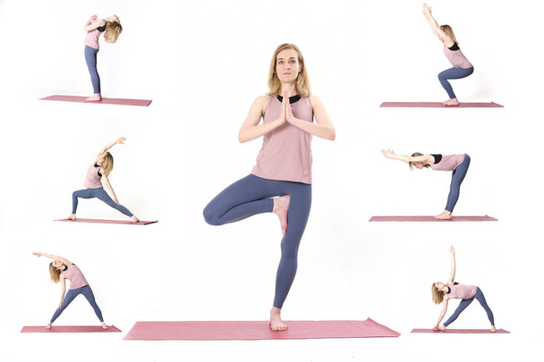 Reihe von Fotos Frau praktiziert Yoga, weißer Hintergrund. Sportkonzept. Collage aus mehreren Fotos. schöne schlanke Frau in verschiedenen Yoga-Posen. - Foto, Bild