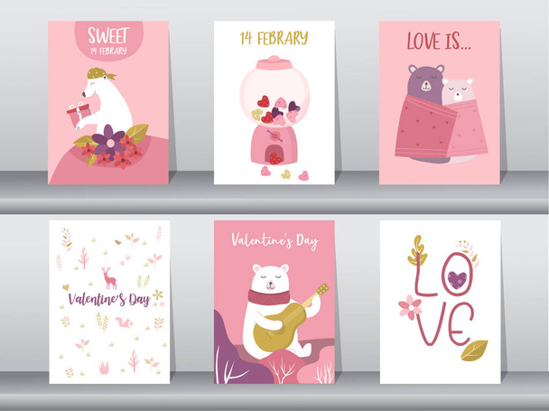 Sada roztomilých zvířat plakát, Design pro Valentýna, šablona, karty, medvěd, Vektorové ilustrace  - Vektor, obrázek