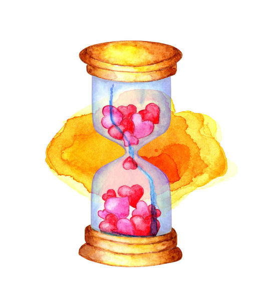 Watercolor illustration of an hourglass with pink and red hearts inside. Clock on a yellow watercolor substrate. Isolated on white background. Drawn by hand. - Photo, image