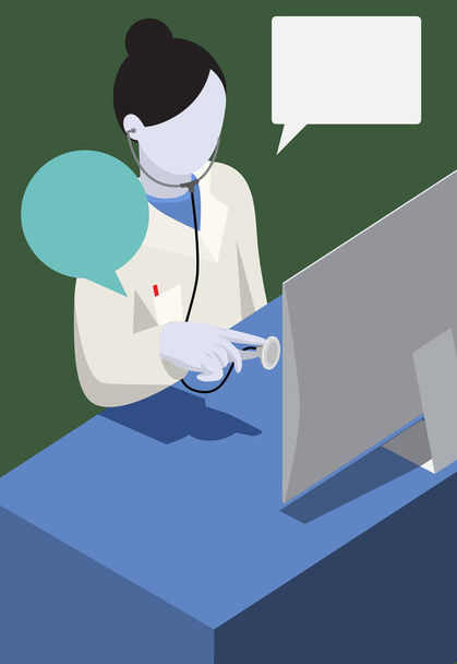Steteskopla bilgisayarın önünde çalışan doktor hastasına internetten tedavi uyguluyor.. - Vektör, Görsel