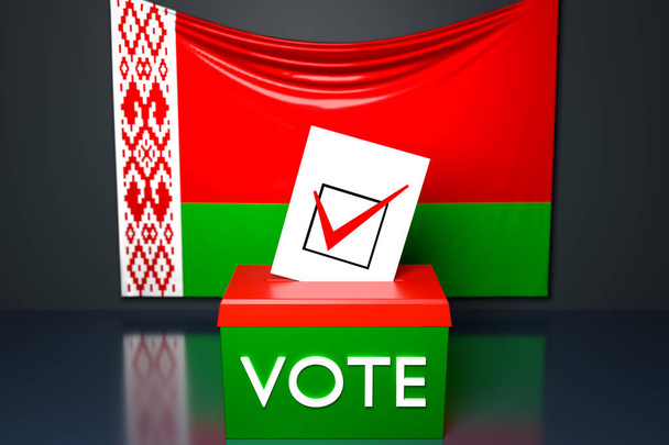 3D-s illusztráció egy szavazóurnáról vagy urnáról, amelybe felülről egy szavazólap esik, háttérben a fehérorosz nemzeti zászlóval. Szavazás és választás fogalma - Fotó, kép