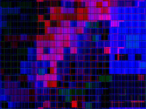 Abstracte volumetrische achtergrond, in de vorm van vierkanten, met een spectaculaire combinatie van rode, blauwe, groene en zwarte kleuren. Een modern imago voor uw projecten. - Foto, afbeelding