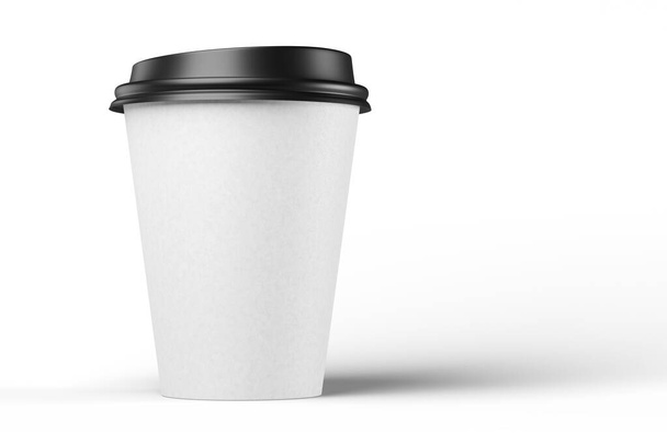 330 ml weiße Einweg-Kaffeepapiertasse mit schwarzem Kunststoffdeckel isoliert auf weißem Hintergrund, 3D-Rendering-Attrappe.  - Foto, Bild