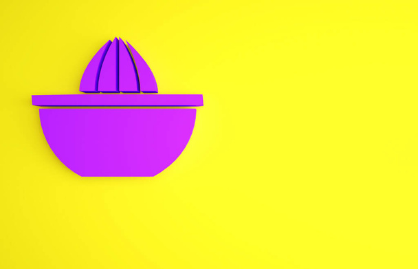 黄色の背景に分離された紫色の柑橘類のジューサーアイコン。最小限の概念。3Dイラスト3Dレンダリング - 写真・画像