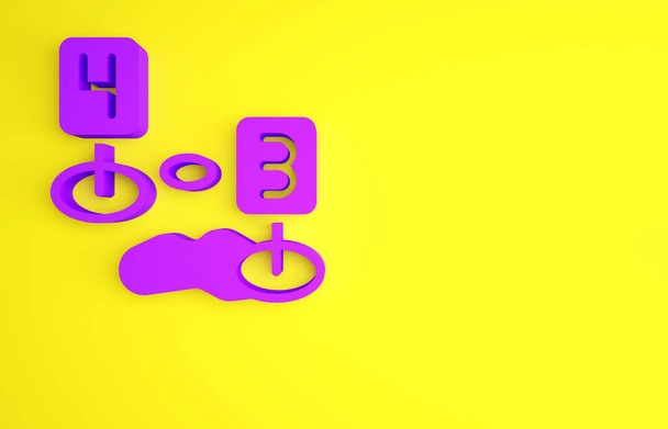 Marcador púrpura del icono de la escena del crimen aislado sobre fondo amarillo. Concepto minimalista. 3D ilustración 3D render - Foto, imagen