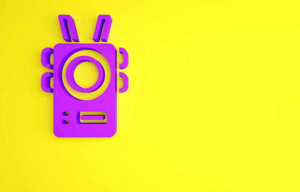 Purple Police body camera icon isolated on yellow background. Minimalism concept. 3d illustration 3D render - Photo, Image