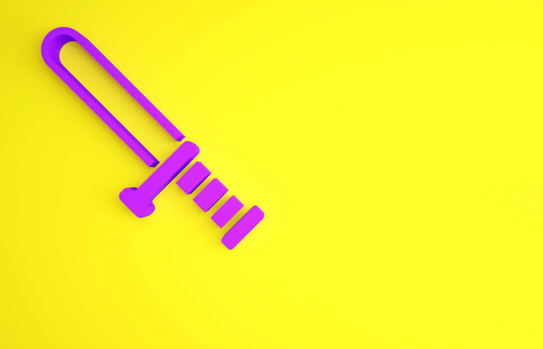Icona di manganello in gomma viola isolato su sfondo giallo. Un manganello di gomma. Pipistrello della polizia. Attrezzature della polizia. Concetto minimalista. Illustrazione 3d rendering 3D - Foto, immagini