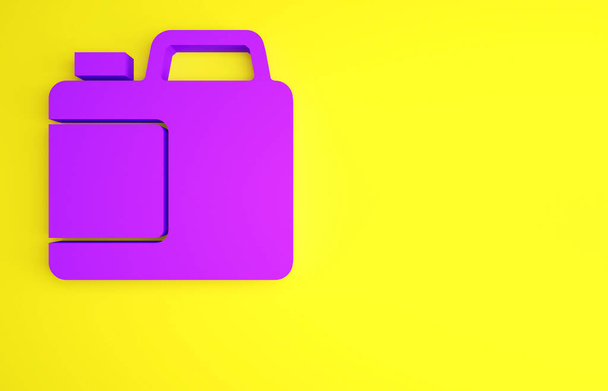 Botella de plástico púrpura para detergente de lavandería, lejía, líquido para lavar platos u otro icono de agente de limpieza aislado sobre fondo amarillo. Concepto minimalista. 3D ilustración 3D render - Foto, Imagen
