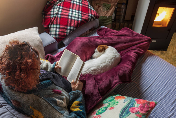 犬とライターのストーブで読書する赤毛の女性 - 写真・画像