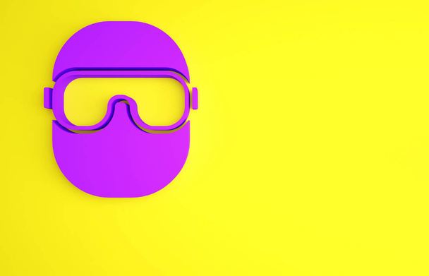 Icono de gafas de esquí púrpura aislado sobre fondo amarillo. Deporte extremo. Equipamiento deportivo. Concepto minimalista. 3D ilustración 3D render - Foto, Imagen