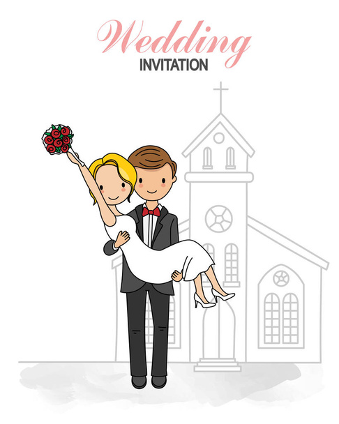 Wedding invitation card. Groom carrying his girlfriend in front of the church. Isolated vector - Vektor, obrázek