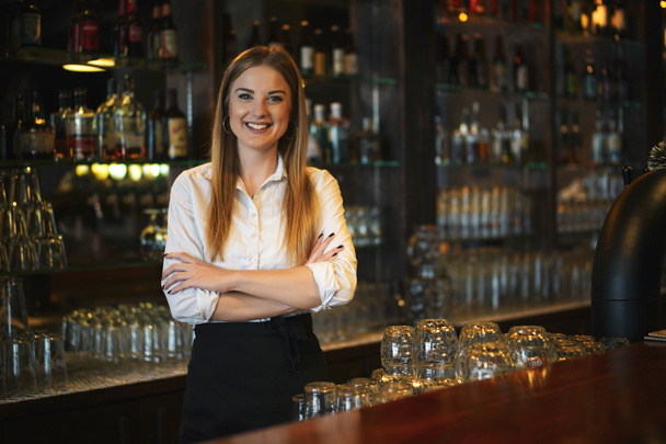 Barda barmen olarak çalışan mutlu bir kadının portresi.. - Fotoğraf, Görsel