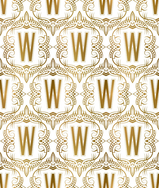 Patrón inconsútil inicial dorado con letra W. Papel pintado decorativo vintage heráldico, estampado o envoltura de tela. - Vector, Imagen