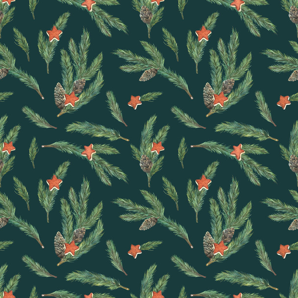 Seamless pattern. Watercolors on a green background. Spruce branches, pine cones and tangerine stars. This delicate Christmas pattern is suitable for decorating holiday packaging, scrapbook paper and cards. - Foto, Bild