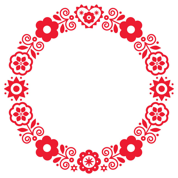 Polish folk art vector round frame design with flowers and heart inspired by traditional highlanders embroidery Lachy Sadeckie  - Vettoriali, immagini