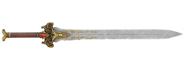 İzole edilmiş beyaz arka planda uzun bıçaklı fantezi altın kılıç. 3d illüstrasyon - Fotoğraf, Görsel
