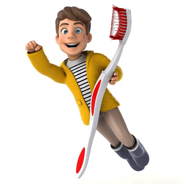 Fun 3D Illustration of a cartoon kid with rain gear with a toothbrush - Photo, Image