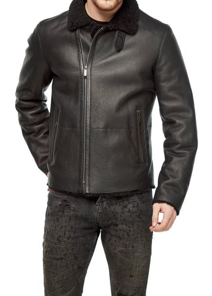Man wearing black leather jacket on white background. - Φωτογραφία, εικόνα