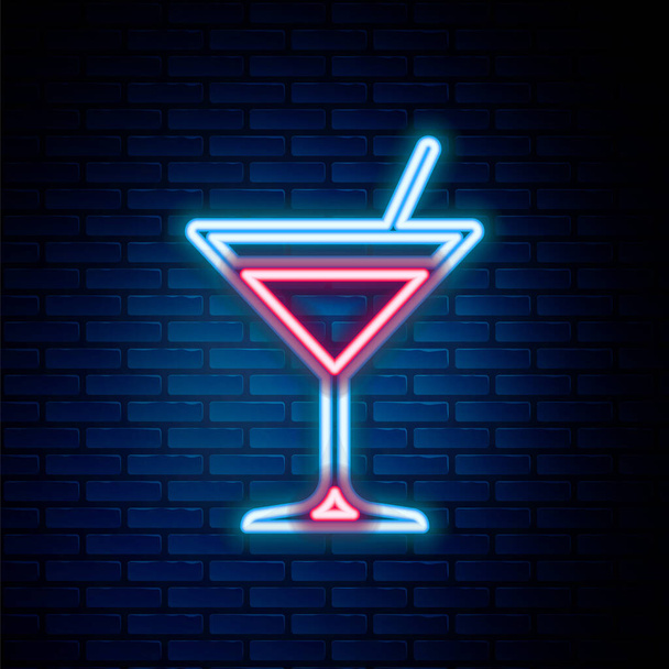 Linha de néon brilhante ícone de vidro Martini isolado no fundo da parede de tijolo. Ícone de cocktail. Ícone de vidro de vinho. Conceito de esboço colorido. Vetor - Vetor, Imagem