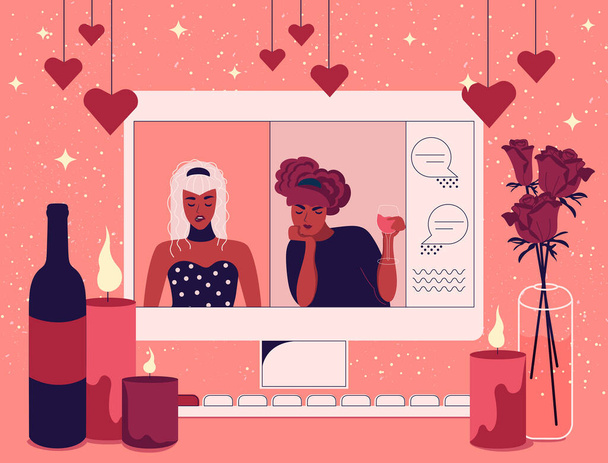 LGBT koppel. Op het monitor scherm, twee meisjes zijn op een date chatten online. De tafel is versierd met romantische kaarsen, een boeket rozen en een fles wijn. Vector illustratie in platte stijl. - Vector, afbeelding