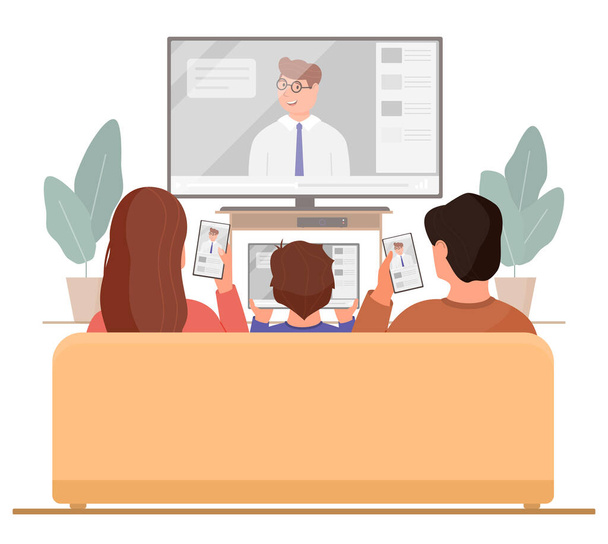 The family watches TV on the couch, while each member is on the phone. Evening relaxation and home entertainment. Vector illustration. - Wektor, obraz