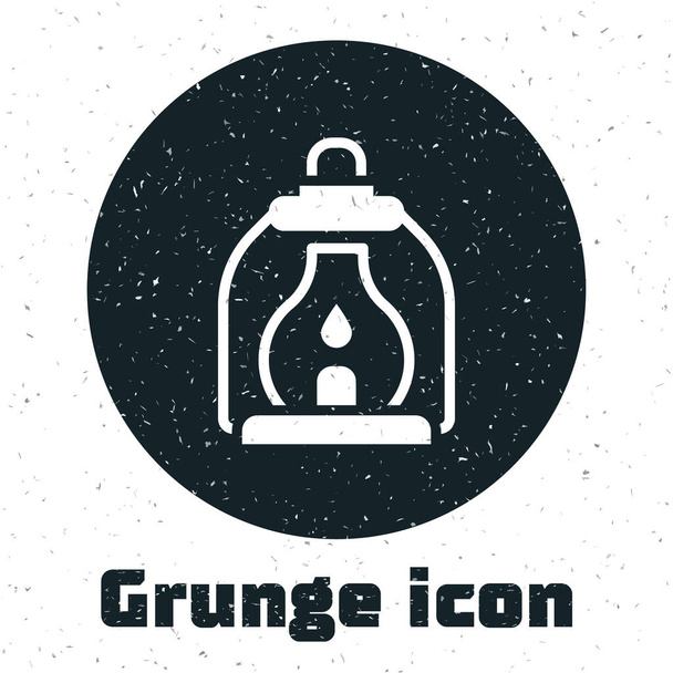Grunge Camping lanterna ícone isolado no fundo branco. Desenho vintage monocromático. Vetor. - Vetor, Imagem