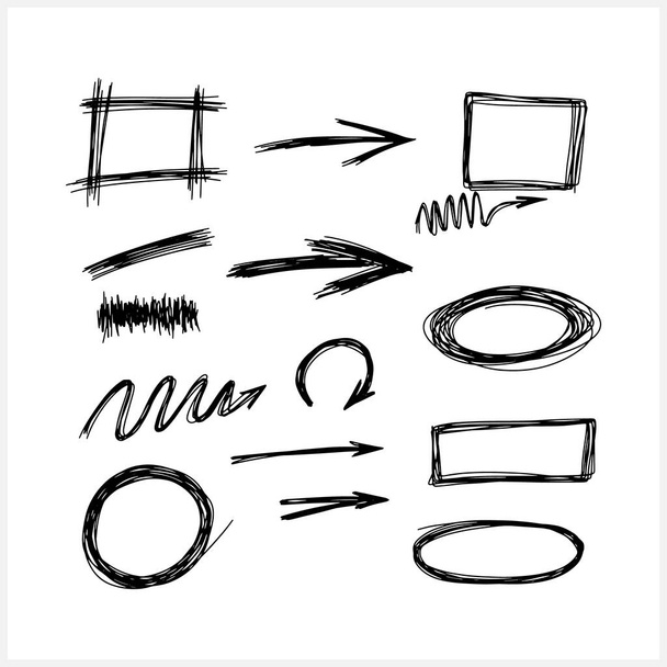 Doodle je izolovaný na bílém. Ručně kreslené objekty se šipkou a čárou. Abstraktní náčrtkové kresby. Vektorová ilustrace. EPS 10 - Vektor, obrázek