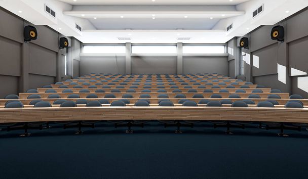 El interior de una sala de conferencias vacía auditorio con filas de escritorios de madera curvada y sillas iluminadas por la luz del sol de la mañana - 3D render - Foto, imagen