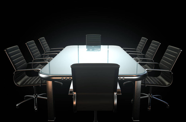 Ein modernes Konzept, das eine Reihe von Bürostühlen im Sitzungssaal zeigt, die zu einer Besprechung um einen beleuchteten mobilen Smartphone-Tisch versammelt sind - 3D-Render - Foto, Bild